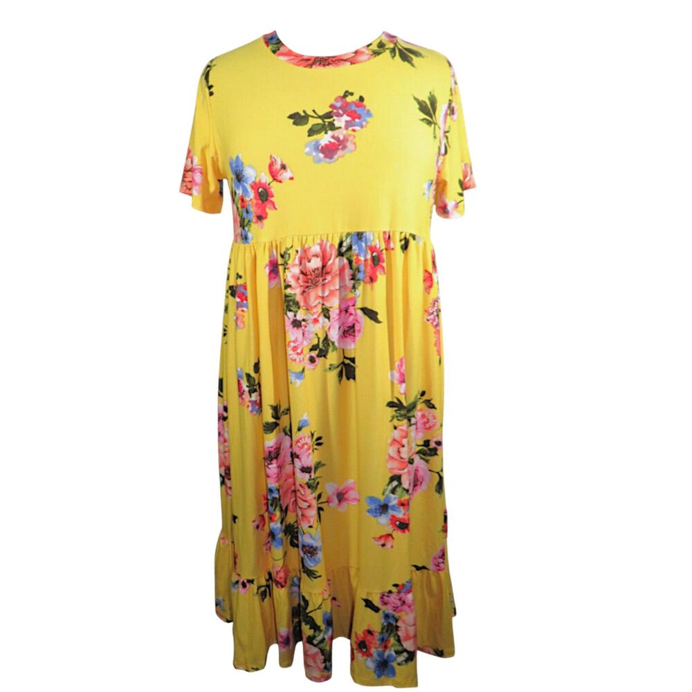 MOA Collection Yellow Floral Short Sleeve Empire Waist Midi Dress Plus Size 3X